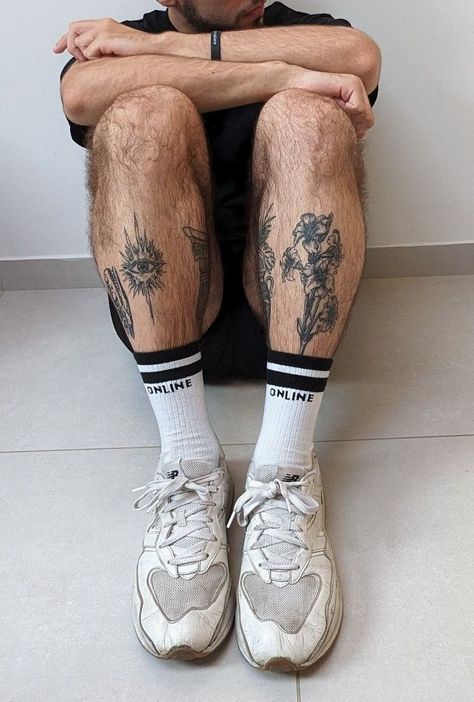 Tattoos Patchwork Men, Shin Tattoo Men Ideas, Shin Tattoo Men, Tattooed Aesthetic, Leg Tattoos Ideas, Leg Tattoos Patchwork, Leg Tattoo Placements, Tattoos Patchwork, Disney Stitch Tattoo