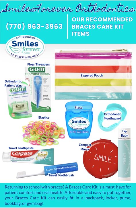 Braces Essentials Kit, New Braces Care Package, Braces Tips For School, Braces Kit, Braces Care, After Braces, Adult Braces, School Backpack Essentials, Kids Braces