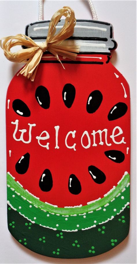 Mason Jar Door Hanger, Mason Jar Sign, Watermelon Decor, Diy Hanging Shelves, Wine Bottle Diy Crafts, Mason Jar Crafts Diy, Wine Bottle Diy, Wooden Door Hangers, Mason Jar Lighting