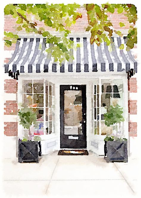 Storefront Watercolor Painting, Watercolor Storefronts, Shopfront Illustration, Storefront Drawing, Interior Design Watercolor, Storefront Illustration, Watercolor Window, Watercolor Buildings, Spring Interior Design