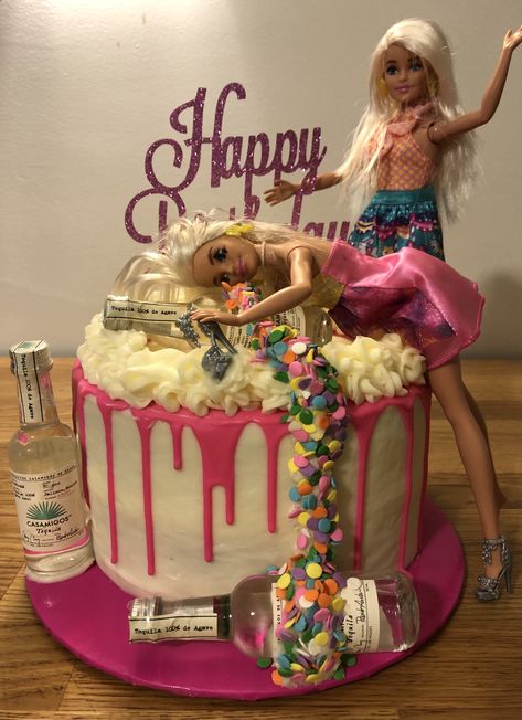 Drunken Barbie Theme Bday Cake. Vanilla Sponge Cake w/Vanilla Custard & Center Filled w/Assorted Candies, Vanilla Hot Pink Drip, Confetti Sprinkles, Casa Migos Nips Bottles, Barbie Dolls w/Happy Birthday Cake Topper 21st Birthday Cake With Barbie, Hot Birthday Cake, Birthday Cake For Women Barbie, Barbie Vomit Cake, Barbie Sick Cake, Casa Migos Cake, 18th Birthday Cake Barbie Doll, Birthday Cake Doll, Hungover Barbie Cake