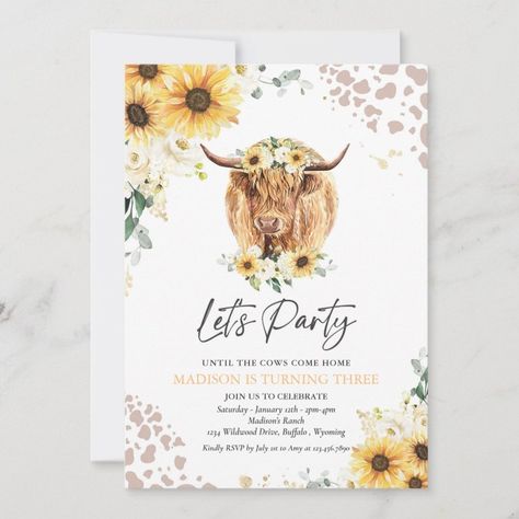 Sunflower Floral Highland Cow Birthday Party  Invitation  Zazzle Highland Cow Birthday Party, Highland Cow Birthday, Cow Birthday Party, Cheetah Birthday, Sunflower Birthday Parties, Floral Highland Cow, Surprise 50th Birthday Party, Sweet 16 Party Invitations, Cow Birthday Parties