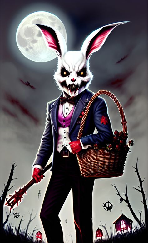 Beware of the easter bunny!!! created with ai creator Wombo Dream, superman, zombie, walking dead, walker, dark art, aiart, aiartist, hero, easter bunny, eastern, bunny, #aiart #aiartist #ai #viral #viralart  #conceptart #characterdesign #midjourney #wombodream #nct #dalle2 #art #easterbunny Goth Easter, Gothic Easter, Evil Bunny, Bunny Man, Dollar Store Halloween, Bunny Wallpaper, The Easter Bunny, Bunny Art, Halloween 2023