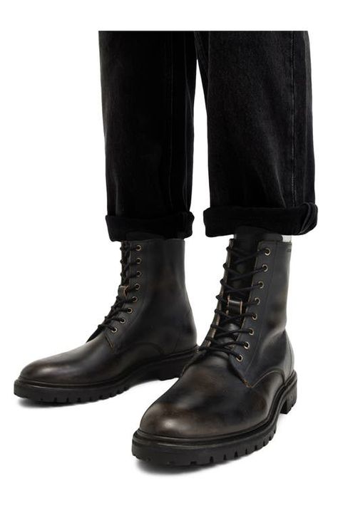 "Find ALL SAINTS Tobias Plain Toe Boot on Editorialist. A rugged lug sole grounds this plain-toe boot built from premium leather in a clean, minimalist silhouette. 6 1/2\" shaft Lace-up style Leather upper and lining/rubber sole Made in Portugal" Steampunk Shoes Mens, Cuban Boots Men, Mens Boots Style Outfits, Mens Chunky Shoes, Mens Combat Boots, Male Boots, Black Dress Boots, Steampunk Shoes, Black Boots Men