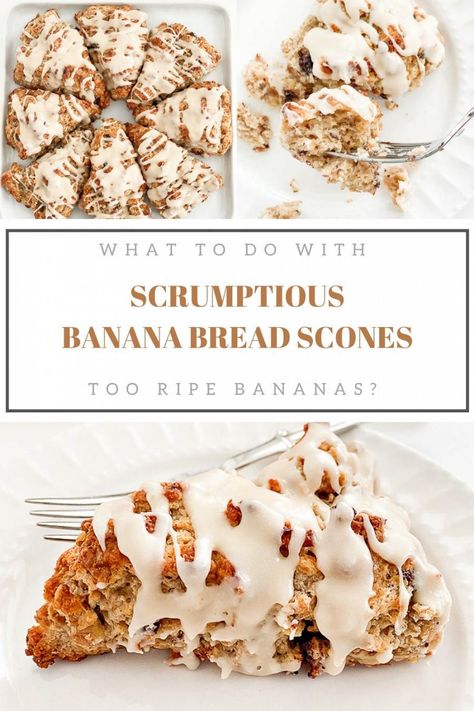 What do you do with too ripe bananas? Make MAPLE GLAZED BANANA BREAD SCONES! They are scrumptious and melt in your mouth! Easy to make dessert or breakfast or treat! #recipe #recipes #dessert #dessertrecipe #sconerecipe #bananarecipe #yummyrecipe #easyrecipe Dessert Scones, Glazed Banana Bread, Banana Scones, Irish Scones, Stone Gable, Breakfast Pastry, Make Dessert, Sweet Surrender, Sweet Buns