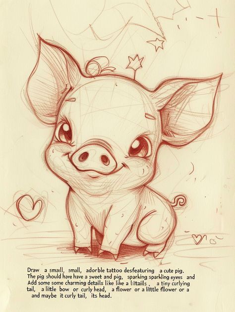 #TattooDesign #CutePig #WhimsicalStyle #AdorableTattoo #TinyBow #Heart #3:4AspectRatio #TheCandie Christmas Pig Drawing, How To Draw Farm Animals, Pig Sketches, Cute Pig Tattoo, Poppy Drawings, Pig Tattoo Ideas, Cute Pig Drawing, Flying Pig Tattoo, Pig Tattoos