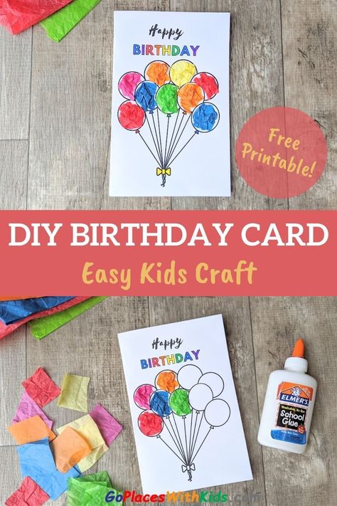 Kids will love making this fun and easy birthday craft- available in both a card and poster version! And the recipient will love the personal touch. Just decorate the free printable with colorful tissue paper for a cute, personalized birthday greeting. Birthday Card Made By Kids, Kids Handmade Birthday Cards, Birthday Card Preschool, Birthday Craft For Teacher From Students, Birthday Card Toddler Craft, Diy Birthday Cards Kids, Birthday Card Preschool Craft, Birthday Card Ideas For Preschoolers, Simple Birthday Cards For Kids