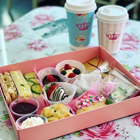 Crown & Crumpet Tea Salon on Instagram: “We are developing our delightful ‘Tea Party in a Box’ and hope to have them ready for take out soon. What do you think?  We will keep you…” Baby Tea Party, High Tea Food, Fairy Food, Food Van, Picnic Box, Tea Cafe, Live Theater, Tea Party Food, Tea Diy