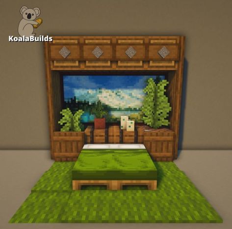 Minecraft Bed Inspiration, Minecraft Green Bedroom Ideas, Nature Bedroom Minecraft, Minecraft Bed Rooms, Minecraft Bedroom No Mods, Minecraft Bedroom Designs In Game, Mc Bed Designs, Cool Minecraft Beds, Minecraft Bedroom Builds