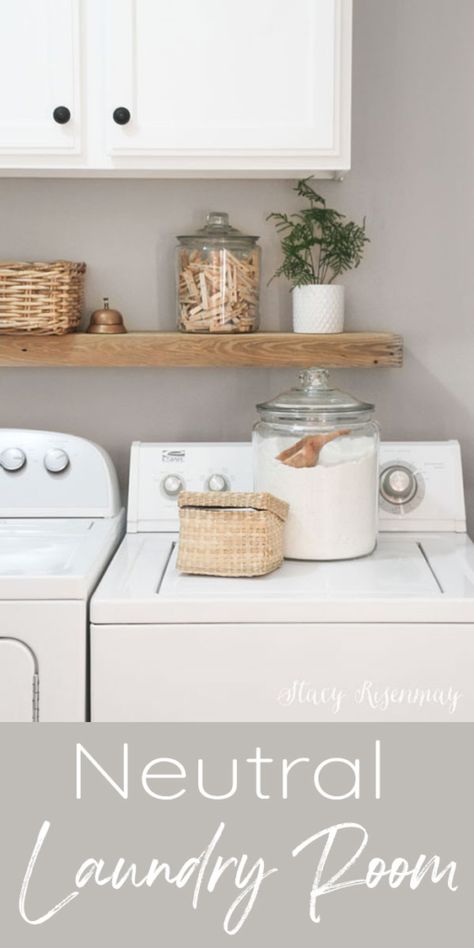 Minimal Laundry Room Small Spaces, Boho Laundry Room Shelves, Laundry Room Ideas Organization Shelves, Apartment Laundry Room Ideas, Light Grey Laundry Room, Laundry Room Lights, Laundry Room Floating Shelves, Simple Laundry Room Ideas, Minimal Laundry Room