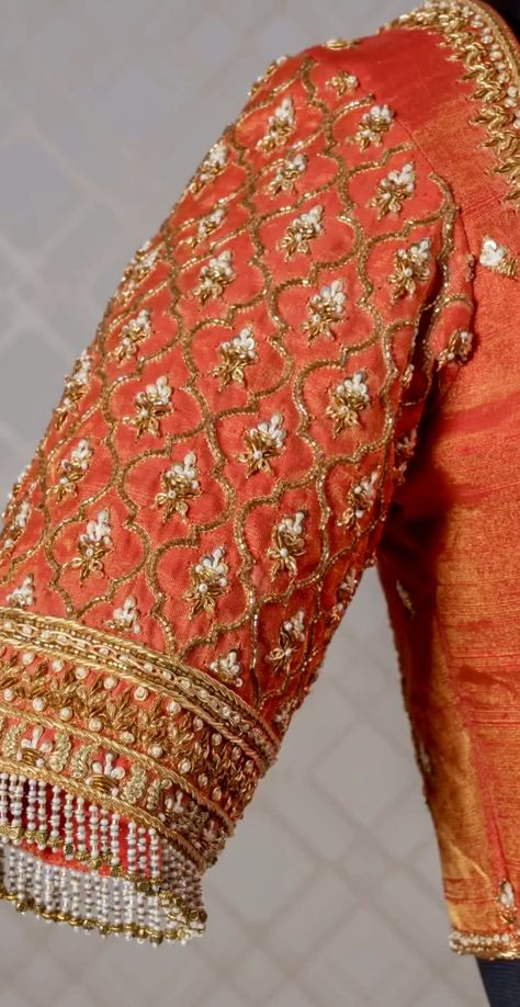 Bridal Handwork Blouse Design, Ariwork Blouse Design Latest, Orange Blouse Maggam Work Designs, Orange Blouse Designs, Handwork Blouse Design, Bridal Blouse Designs Heavy Work, Exclusive Blouse Designs, Handwork Blouse, Latest Bridal Blouse Designs