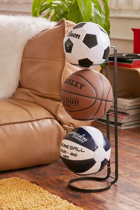 Minimal Sports Ball Storage Stand ($39 | Gifts For Organization | POPSUGAR Smart Living Sports Ball Storage, Soccer Bedroom, Basketball Bedroom, Soccer Room, Basketball Room, Sport Bedroom, Ball Storage, College Apartment Decor, Sports Room