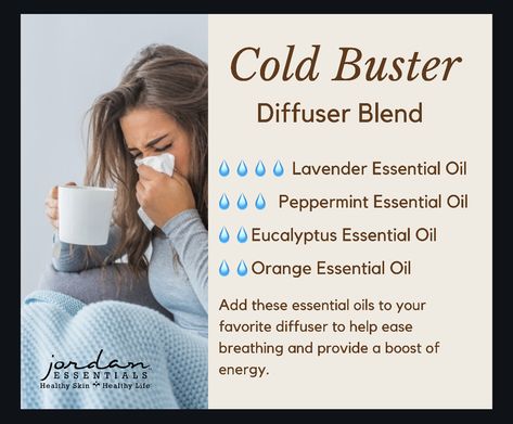 Essential oils can help relief the minor aches, pains, and stuffy head that accompany a cold. #essentialoils #coldremedies #jelife Head Cold Essential Oils Diffuse, Head Cold Diffuser Blend, Essential Oils For Head Cold, Witchy Apothecary, Cold Buster, Essential Oil Combinations, Head Cold, Doterra Essential Oils Recipes, Essential Oil Diffuser Blends Recipes