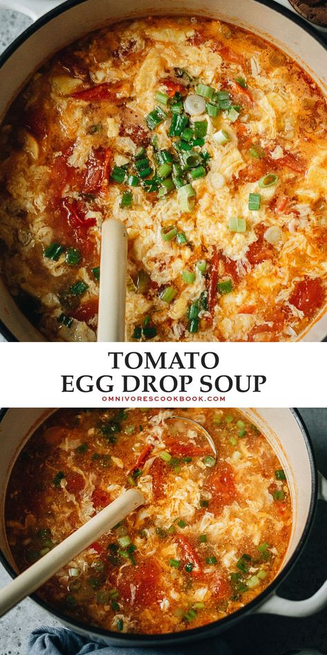 Add this quick and colorful tomato egg drop soup to your homemade Chinese takeout night menu! The aromatics and tomatoes are sauteed to release the fragrance, then cooked with egg ribbons in chicken broth with nutty sesame oil to finish it up. It is comforting and delicious and will warm your heart on a chilly day. {Gluten-Free, Vegetarian-Adaptable} Egg Tomato Soup, Korean Egg Drop Soup, Tomato Eggdrop Soup, Tomato Egg Drop Soup Recipe, Egg Drop Soup With Veggies, Tomato Egg Soup Chinese, Healthy Egg Drop Soup, Tomato And Egg Soup, Best Egg Drop Soup Recipe