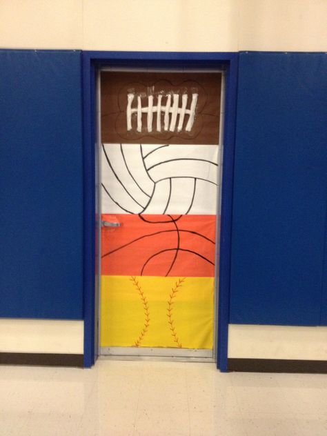 PE school door decoration Pe Teacher Door Decoration, Pe Door Decorations, Door Decorations School, Month Themes, Hallway Decorations, Teacher Door Decorations, Yt Ideas, Teacher Appreciation Doors, Gym Teacher