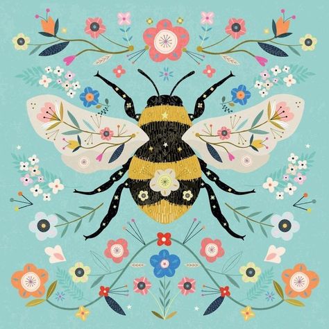 Bee Artwork, Arte Folk, Bee Illustration, Posca Art, Folk Art Flowers, Scandinavian Folk Art, Bee Art, Folk Art Painting, Greetings Card