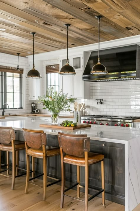 Looking to transform your kitchen? Check out these charming shiplap ceiling ideas that bring modern farmhouse vibes to any space. From sleek designs to rustic touches, you’ll find inspiration for beautiful exposed beams and warm wood textures that instantly update your home. Perfect for cozy or chic looks, shiplap can effortlessly brighten your kitchen atmosphere. Whether you’re planning a remodel or just sprinkling in some unique decor elements, these kitchen ceiling ideas showcase style and character that are totally on-trend. Kitchen Ceiling Beams Ideas, Wood Beams Kitchen Ceiling, Vaulted Ceilings In Kitchen, Kitchen Wood Ceiling Ideas, Beams Ceiling Kitchen, Pine Ceiling Kitchen, Kitchen With Beams On Ceiling, Shiplap Kitchen Ceiling, Beam Ceiling Kitchen