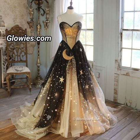 Eclipse Inspired Outfits, Star Wedding Dresses, Celestial Wedding Dress Black, Sun Wedding Dress, Celestial Theme Outfit, Space Themed Wedding Dress, Space Wedding Dress, Celestial Dress Gowns, Sun Themed Dress