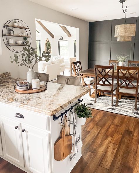 Open Concept Two Paint Colors, Dining Room With Green Accent Wall, Kitchen Table Accent Wall, Open Concept Board And Batten, Green Accent Wall In Kitchen, Country Boho Dining Room, Accent Wall Kitchen Dining Room, Open Dining Room Wall Decor, Kitchen Table Dark Floors