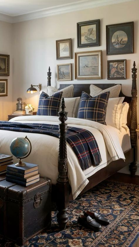 Grandmillenial Bed, Vintage Ralph Lauren Bedding, Colonial Guest Bedroom, Harry Potter Vibe Room, Ralph Lauren Inspired Boys Bedroom, Vintage Theme Bedroom, Moody Dorm Room, Plaid Bedding Ideas, Ralph Lauren Room Aesthetic