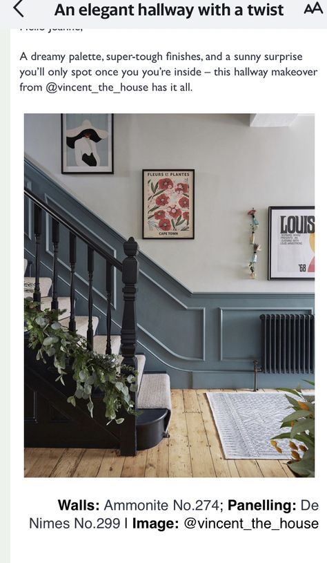 Painted Stairs And Panelling, Edwardian Entrance Hall, Navy Banister Stairways, 1930s Hallway Decor, Panelled Hallway Colour Ideas, Blue Wall Staircase, 2 Tone Panelled Walls, Hallway 1930s Semi, 1930s Bannister Ideas