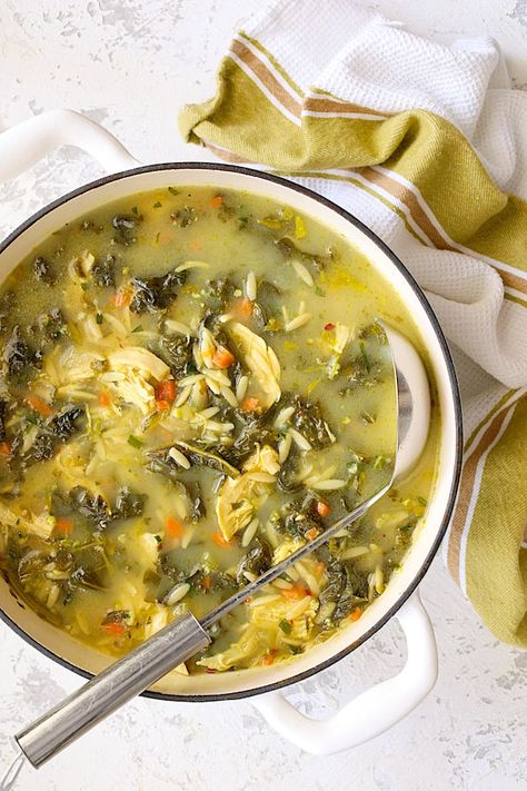 Kale And Orzo, Kale Chicken Soup, Chicken Soup With Kale, Kale Orzo, Wildfit Recipes, Chicken Kale Soup, Kielbasa Soup, Vegetable Barley Soup, Soup With Kale