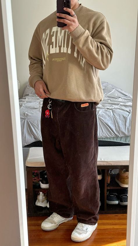 Brown match🤎- #Brown #Fit Check more at https://howcandothis.com/manstyle/brown-match%f0%9f%a4%8e/ Styling Brown Pants Men, Zumiez Outfits Men, Brown Sweater Outfit Men, Brown Pants Streetwear, Calm Fits Men, Nb 550 Outfit Men, Nb 550 Outfit, Zumiez Shoes, Brown Pants Outfit Men