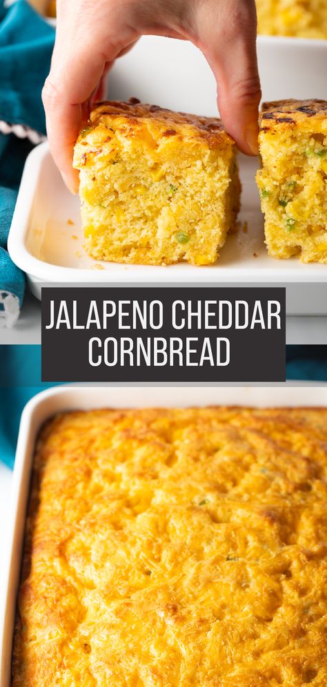 Best Cornbread Recipe – Soft, moist, thick and fluffy Jalapeno Cornbread loaded with cheese. It’s a classically delicious southern side dish that’s ready in under and hour! Jalapeños Cheddar Cornbread, Moist Jalapeno Cornbread, Pickled Jalapeno Cornbread, Jalapeno Cornbread With Cream Corn, Best Jalapeno Cornbread Recipe, Cornbread Recipe Jalapeno, Corn Bread Ideas, Cornbread Jalapeno Cheddar, Sweet Jalapeno Cornbread