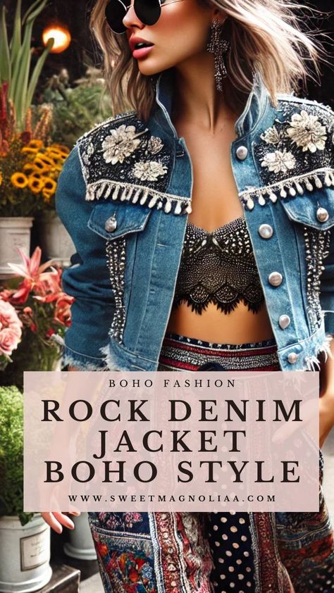 Dive into Bohemian elegance with our guide on transforming your denim jacket into a statement piece, perfect for any Boho style ensemble. #bohostyle #bohemian #fashion Rock Denim Jacket, Western Boho Outfits, Boho Denim Jacket, Dark Academia Fashion, Academia Fashion, Boho Style Outfits, Embroidered Denim Jacket, Oversized Denim Jacket, Flowy Maxi Dress