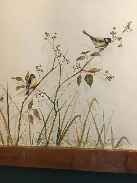 Cottage Mural Ideas, Vintage Wall Murals Painted, Flower Wall Drawing Bedrooms, Country Wall Painting Ideas, Cottage Core Wall Painting Ideas, Nature Murals Painted, How To Paint A Mural On A Wall, Birds Wall Painting, Bird Mural