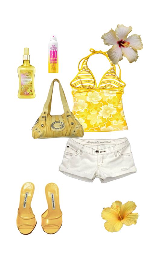 2000 Beach Outfit, Summer Outfit Tropical, Y2k Yellow Outfit, Tropical Outfits Aesthetic, Tropical Outfit Aesthetic, Yellow Y2k Outfit, Key West Kitten Outfits, Beach Core Outfits, Yellow Beach Outfit