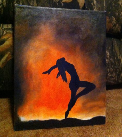 Dancing fire painting Woman On Fire Painting, Canvas Silhouette Painting, Strength Painting Ideas, Acrylic Silhouette Painting Ideas, Fire Painting Ideas, Silouttes Art Painting, Fire Painting Acrylic Easy, Dancer Painting Easy, How To Paint Fire