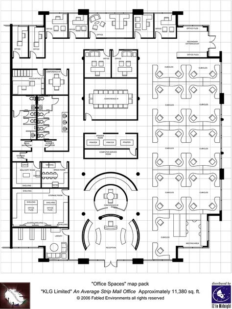 Modern Floorplans: Single Floor Office - Fabled Environments |  | Modern FloorplansDriveThruRPG.com Office Space Floor Plan Layout, Building Floor Plans Commercial, Offices Plans Architecture, Architectural Office Plan, Coworking Floor Plan, Commercial Building Plans Floors, Office Building Layout Plan, Office Plans Architecture, Office Building Plans Layout