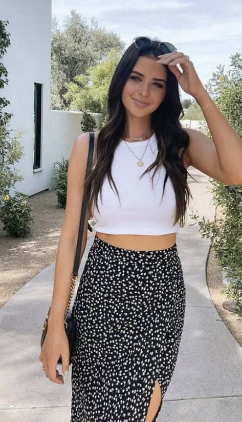 Jess Conte, Long Floral Skirt, White Crop Top Tank, Tank Top Outfits, Summer Skirts, Mood Board Fashion, White Tank, White Tank Top, Long Skirt