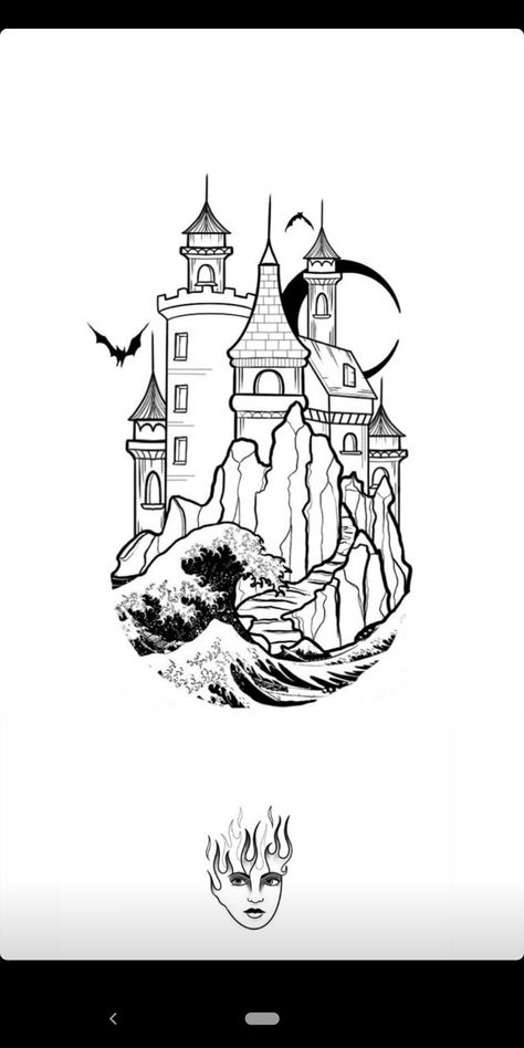 Dark Castle Tattoo Design, Floating Castle Tattoo, Vampire Castle Tattoo, Castle Tattoo Design, Transylvania Castle, Building Tattoo, Vampire Castle, Castle Silhouette, Castle Tattoo