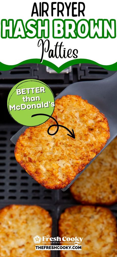 Crispy on the outside, fluffy on the inside - these air fryer hash brown patties are the ultimate comfort food. Better than McDonald's hashbrowns. Recipe via @thefreshcooky #hashbrowns #airfryerbreakfast Breakfast Recipes With Hashbrown Patties, Air Fryer Hashbrowns Patties, Frozen Hashbrown Patties In Air Fryer, Air Fry Frozen Hashbrown Patties, What To Do With Frozen Hashbrowns, Hash Brown Patties In Air Fryer, Airfry Hashbrown Patties, Frozen Hashbrown Recipes Air Fryer, Cooking Frozen Hashbrowns