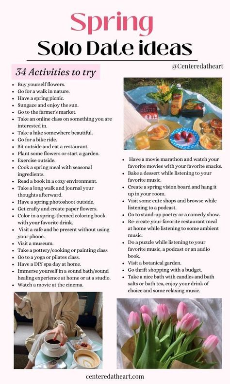 Spring Activities For Adults, Date Ideas List, Date Ideas Aesthetic, Date Ideas At Home, Solo Date Ideas, Dates Ideas, Solo Date, Date Activities, Spring Date