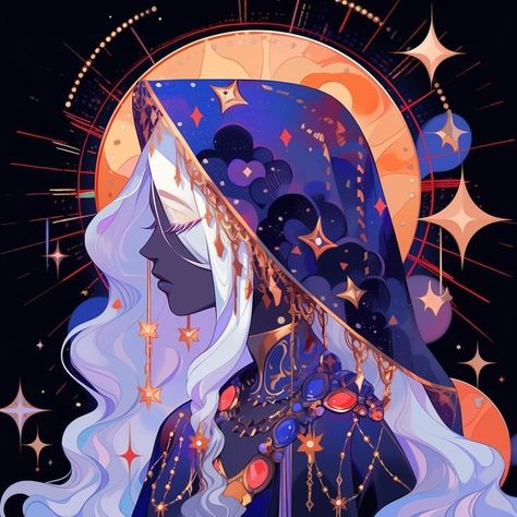 Moon As A Person Art, Moon Character Illustration, Fantasy Vector Art, Moon Themed Character Design, Star Witch Character Design, Mystical Character Design, Space Themed Character Design, Oracle Character Design, Cosmic Character Design