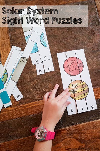 Learn, practice, and review sight words in a fun, hands-on way with these Solar System Sight Word Puzzles! Includes all of the pre-primer sight words, perfect for kindergarteners. Sight Word Puzzles, Sun And Planets, Fun Activities For Preschoolers, Space Activities For Kids, Space Preschool, Learning Printables, Space Activities, Kindergarten Science, Educational Printables