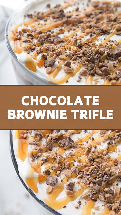 CHOCOLATE BROWNIE TRIFLE Brownie Caramel Trifle, Brownie Trifle Recipes Heath Bars, Brownie Truffle Bowl Trifle Desserts, Brownie Trifle Recipes, Brownie Triffle, Chocolate Brownie Trifle, Brownie Trifle Recipe, Fudge Pudding, Brownie Pudding