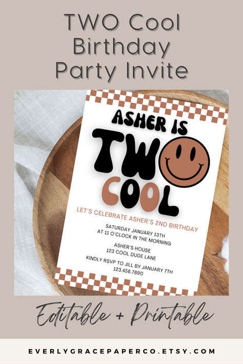 Is your little one turning TWO? This TWO COOL retro smiley face invitation template is simple, yet adorable, and would be perfect for any little kiddo! Two Cool Birthday Party Girl, Two Cool Birthday Party, Two Cool Birthday, Retro Smiley Face, Two Cool, 2nd Birthday Invitations, Second Birthday, Birthday Invite, Lets Celebrate