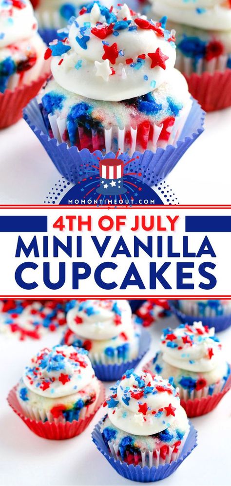 4TH OF JULY MINI VANILLA CUPCAKES, 4th of july desserts 4th Of July Muffins, Mini Vanilla Cupcakes, 4th Of July Dessert, Blue Sprinkles, Almond Cupcakes, Mini Cupcake Pan, Vanilla Cupcake Recipe, Sprinkle Cupcakes, Carrot Cake Cupcakes