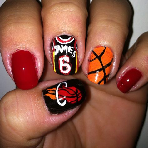 Miami Heat- Sports Nail Design --Michelle Reckelhoff. Aesthetic Lebron James, Nba Nails, Sports Themed Nails, Sport Nails, Sports Nail Art, Basketball Nails, Football Nail Designs, Sports Nails, Football Nails