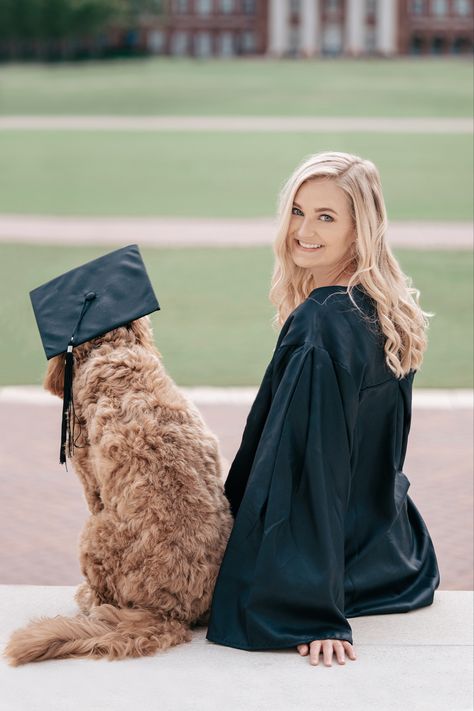 Goldendoodle in graduation cap, girl in graduation gown Dog Senior Picture Ideas, Dog And Owner Graduation Pictures, Dog Cap And Gown, College Grad Pics With Dog, Grad Photoshoot With Dog, Dog Grad Pics, College Graduation Pictures Dog, Dog Graduation Cap Ideas, Home Coming Photo Ideas