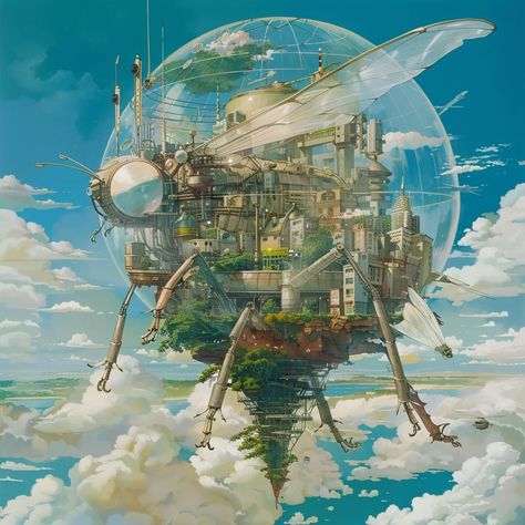 The image shows a steampunk city inside a giant flying insect. The insect has a clear dome over its body, which allows us to see the city inside. The city is made up of tall buildings, trees, and other structures. The insect is flying through a cloudy sky, and there is a large body of water below it. Steampunk Flying City, Flying City, Steampunk City, Tall Buildings, Flying Insects, Body Of Water, Cloudy Sky, The Sky, Insects