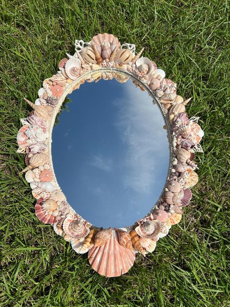 Materials used are wood frame, mirror, seashells Shell Mirrors Ideas, Long Mirror Decorating Ideas, Mermaid Furniture, Sea Shell Mirrors, Unique House Decor, Mirror Art Diy, Cool Mirror, Creative Mirror, Ocean Room Decor