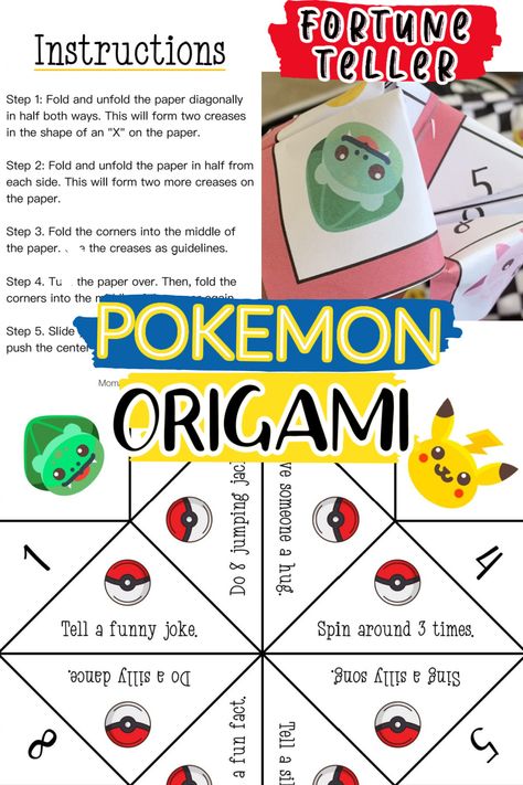 Free Pokemon Origami Fortune Teller printable great for parties and paper crafts. Pokemon Fortune Teller, Pokemon Printables Free, Pokemon Activities For Kids, Origami Fortune Teller Template, Fortune Teller Template, Pokemon Kids Craft, Fortune Teller Printable, Diy Pokemon Crafts, Pokemon Origami