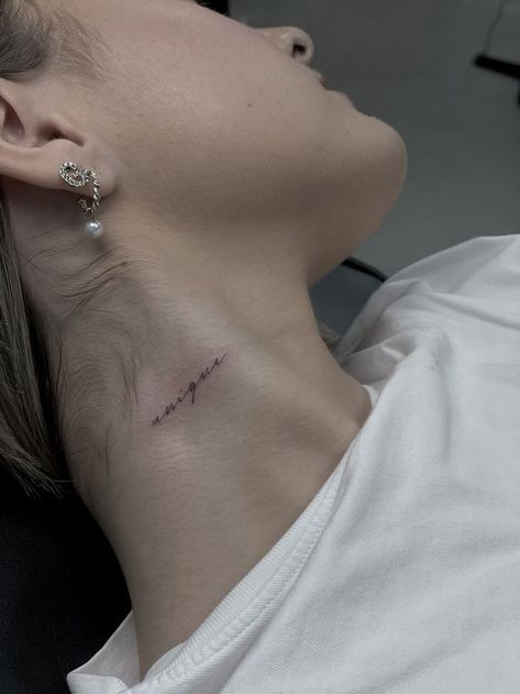 Neck Tattoo Words Side, Small Quote Neck Tattoos For Women, Script On Neck Tattoo, Dainty Word Neck Tattoos, Small Script Neck Tattoo, Enigma Tattoo Word, Side Neck Word Tattoo, Small Women Neck Tattoo, Single Needle Neck Tattoo