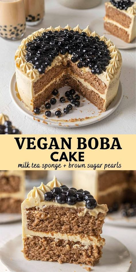 This vegan boba cake is just like the trendy and fun Asian dessert but without all the eggs and dairy! This dessert has a fluffy milk tea sponge cake, milk tea buttercream and of course fresh brown sugar tapioca pearls. Vegan Boba, Cake With No Eggs, Boba Cake, Vegan Pastries, Vegan Baking Recipes, Asian Dessert, Vegan Cake Recipes, Tapioca Pearls, Vegan Cakes