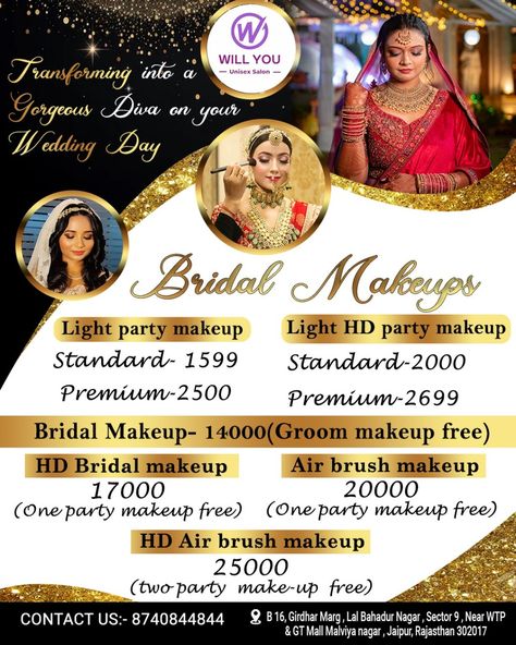 💄✨ Get ready to shine on your big day with WILL YOU Salon! ✨💄 Transform into a gorgeous diva for your wedding day with our expert bridal makeup services. From light party makeup to stunning HD bridal looks, we have everything you need to feel beautiful and confident. 💍 Bridal Makeups 💄 Light party makeup: Standard-₹1599, Premium-₹2500 💄 Light HD party makeup: Standard-₹2000, Premium-₹2699 💄 Bridal Makeup: ₹14000 (Groom makeup free) 💄 HD Bridal makeup 💄 Airbrush makeup: ₹17000, ₹20000 💄 HD Ai... Light Party Makeup, Beauty Salon Price List, Groom Makeup, Bridal Makeup Services, Salon Price List, Light Party, Makeup Free, Makeup Services, Menu Card